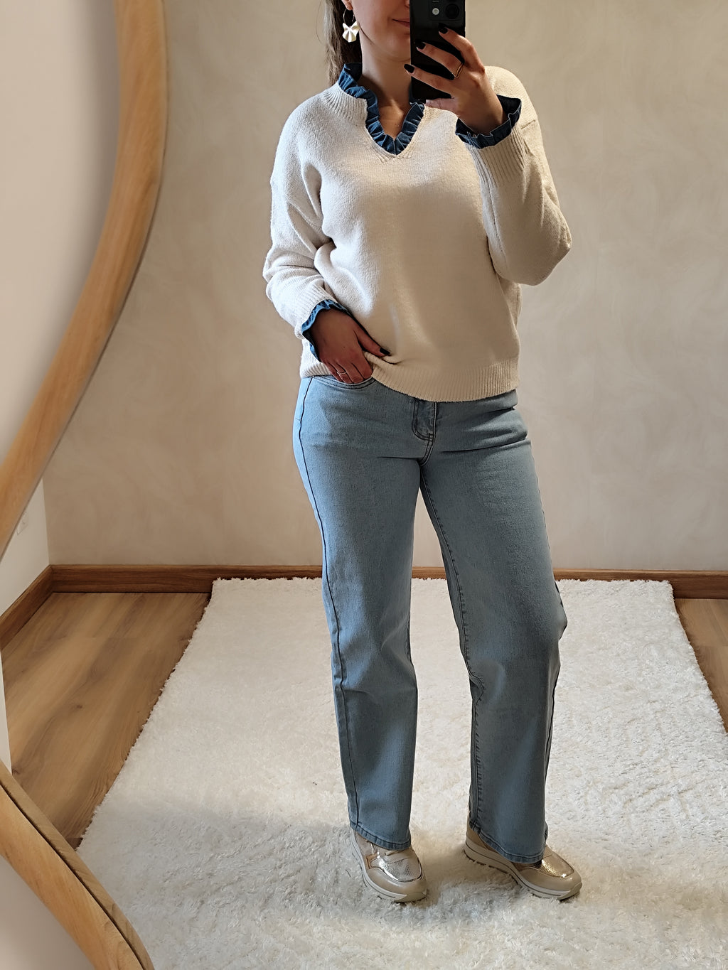 Pull beige col jean
