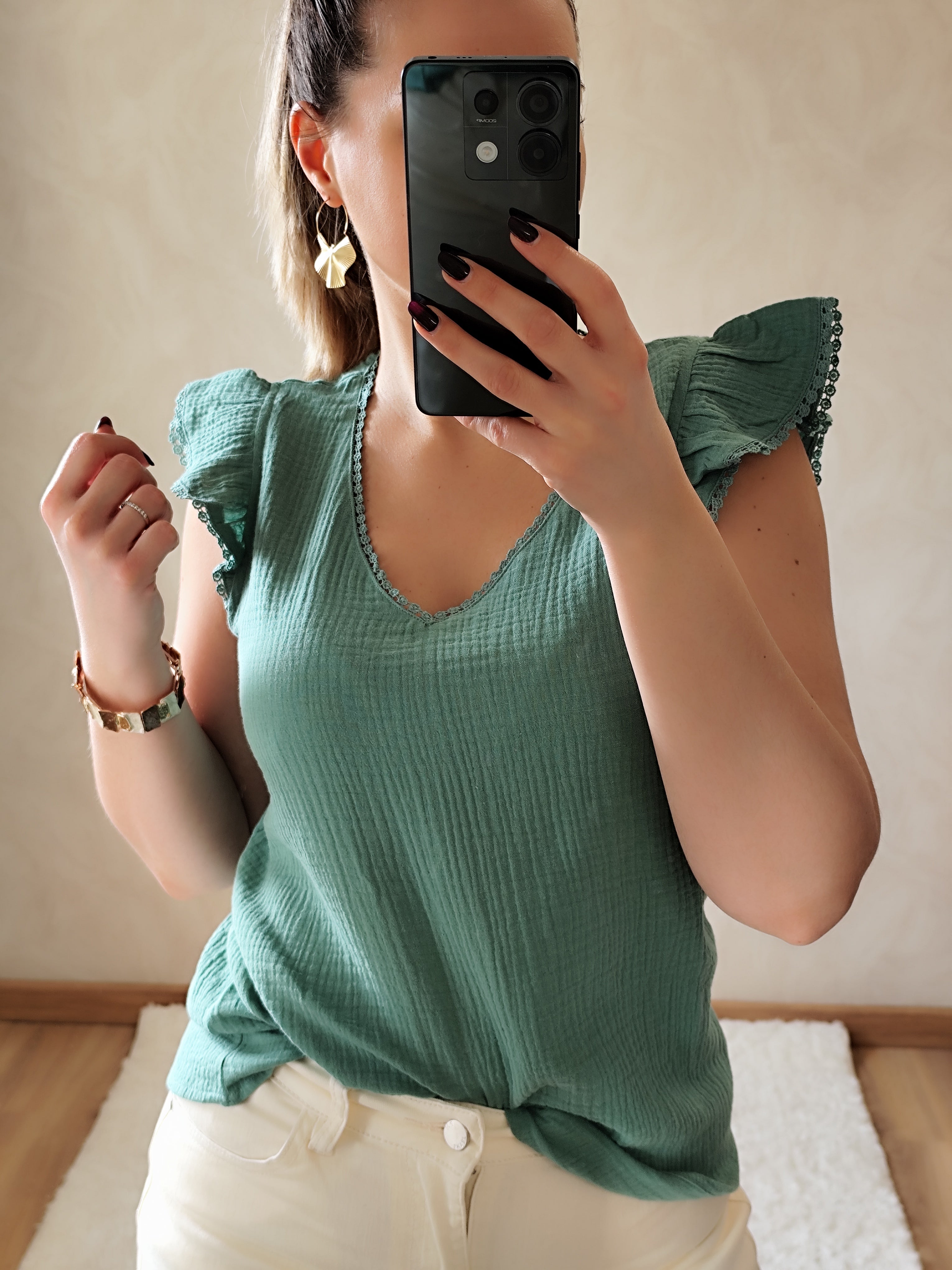 Top vert en gaze de coton