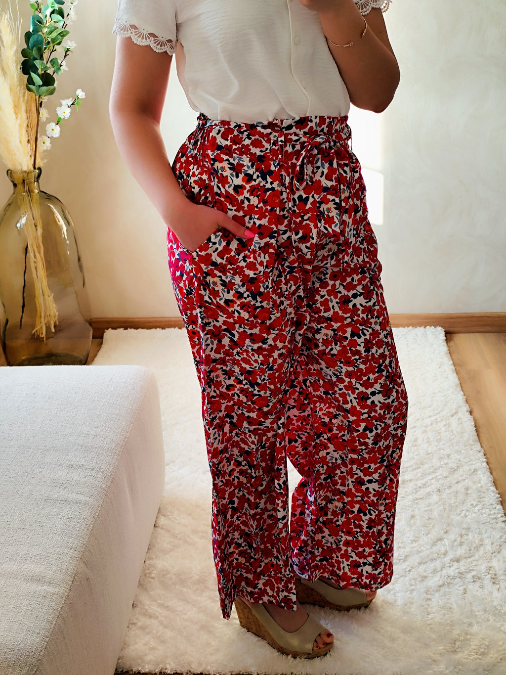 Pantalon fluide imprimé fleuri rouge