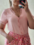 Blouse rose poudré dentelle