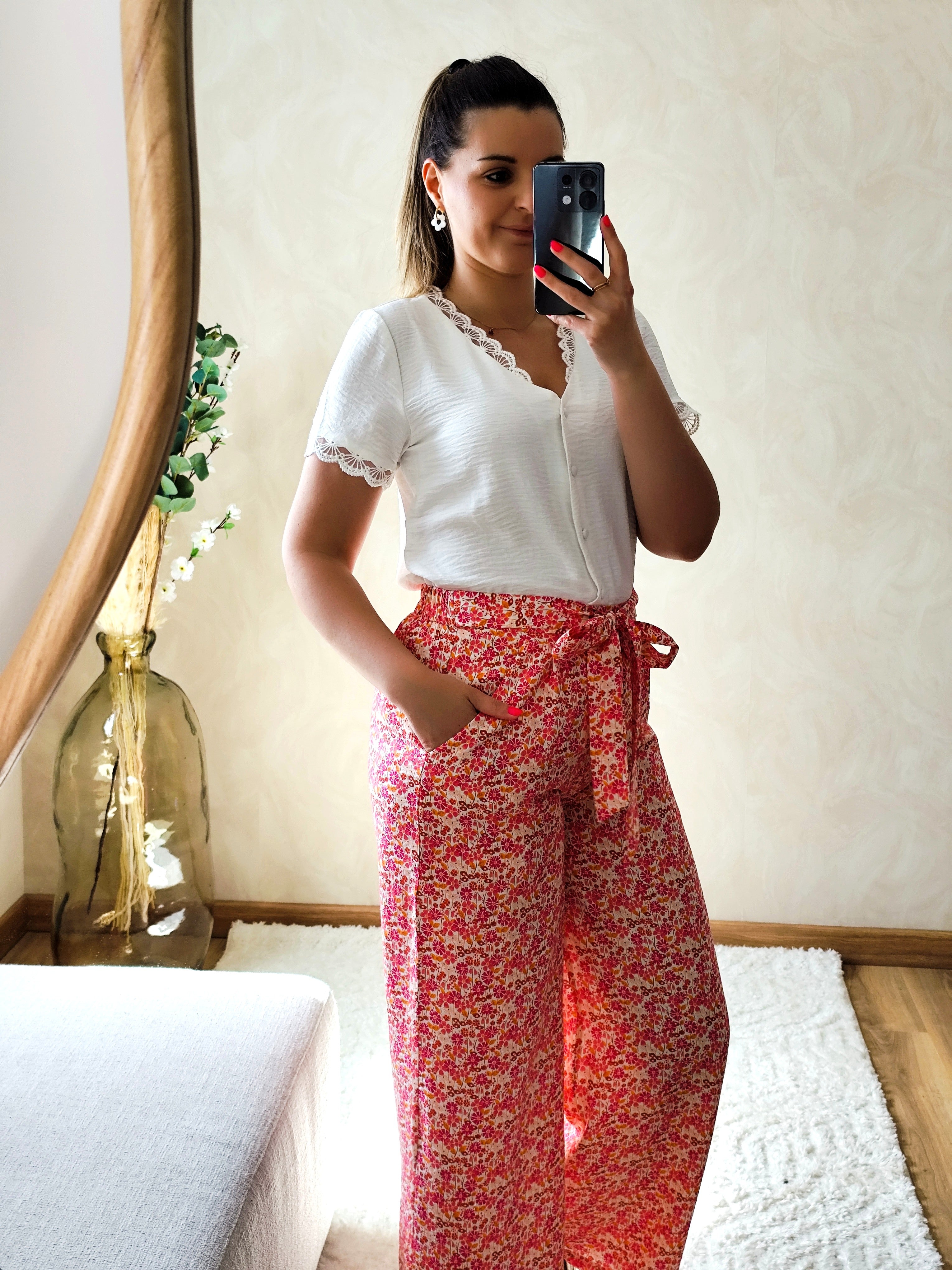 Pantalon fleuri rose