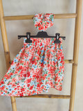 Jupe fleurie rouge + chouchou assorti enfant