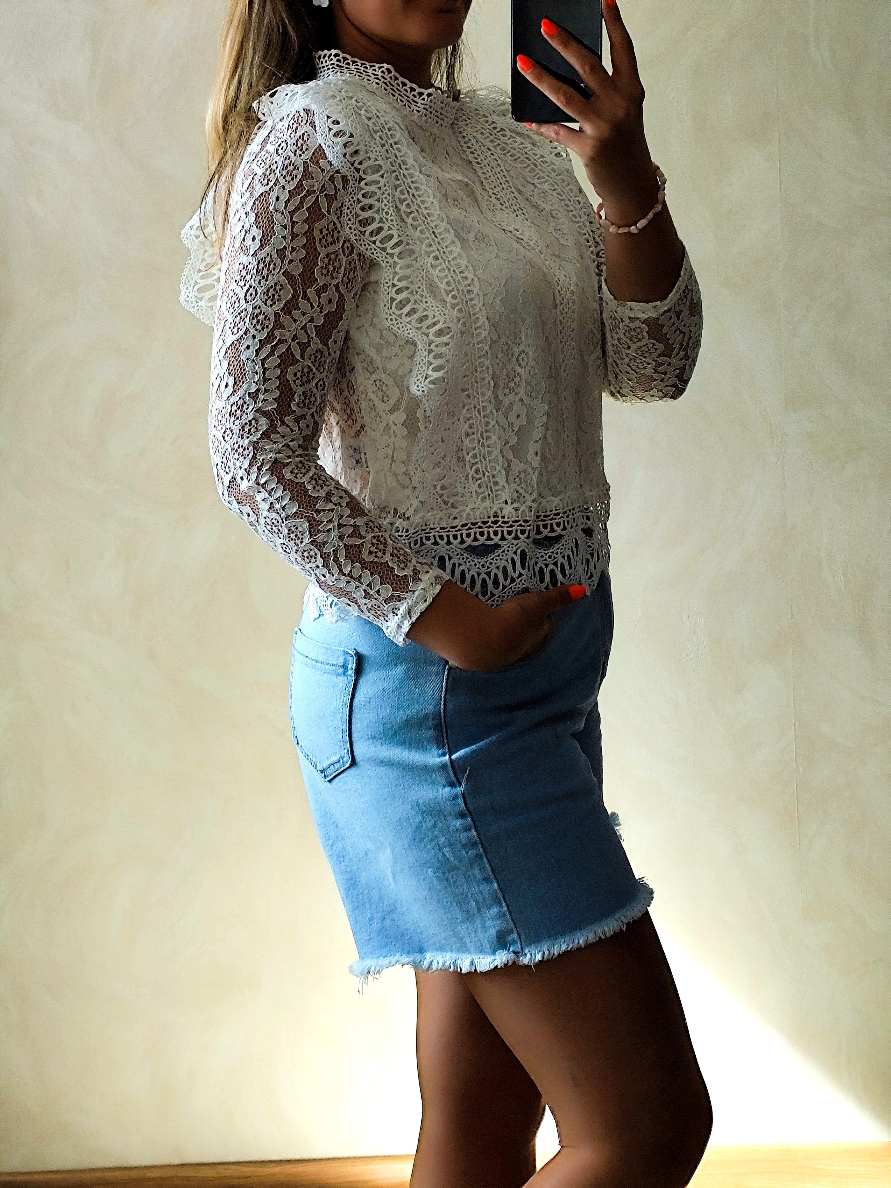 Top Camille manches longues blanc en dentelle