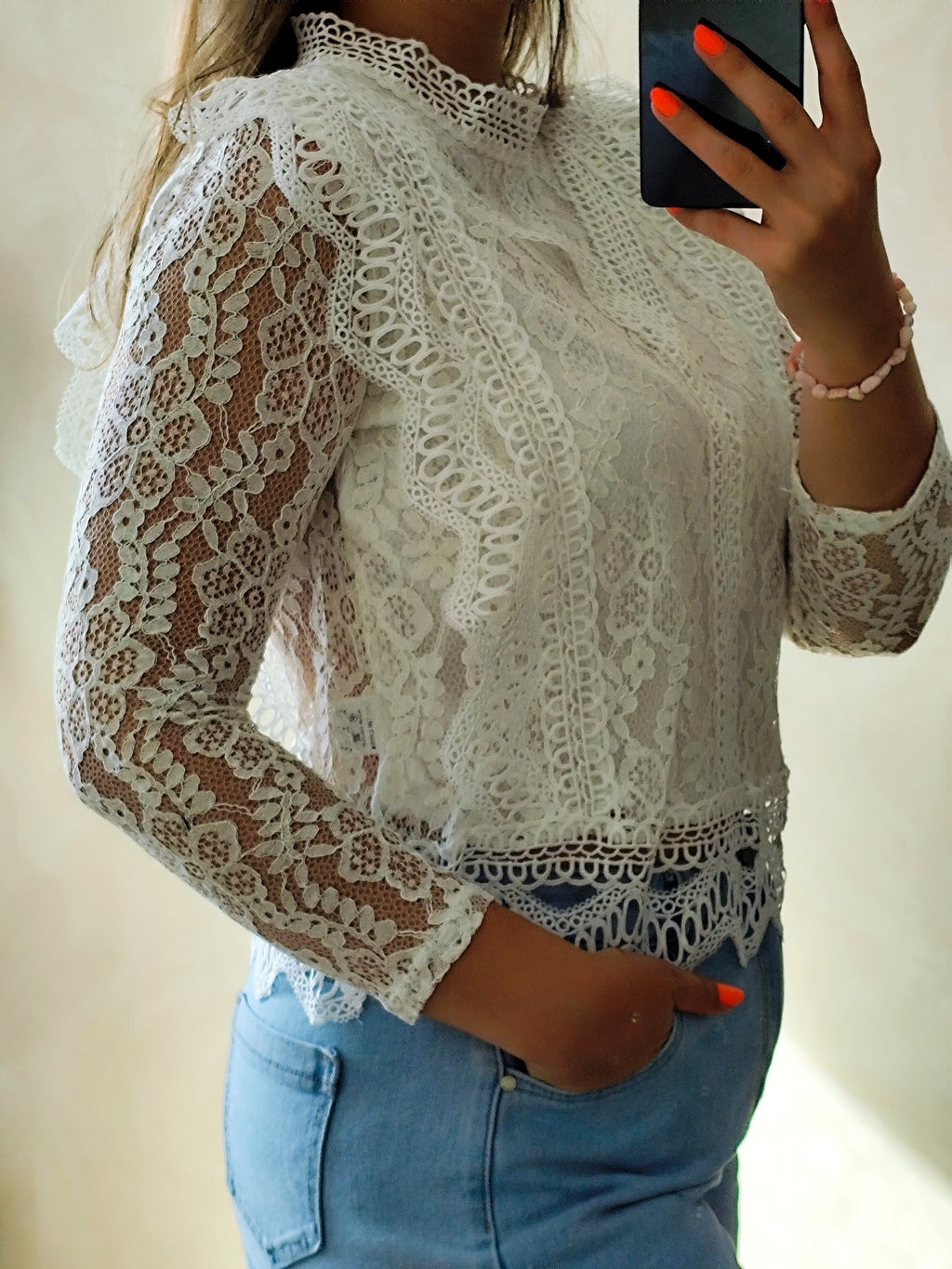 Top Camille manches longues blanc en dentelle