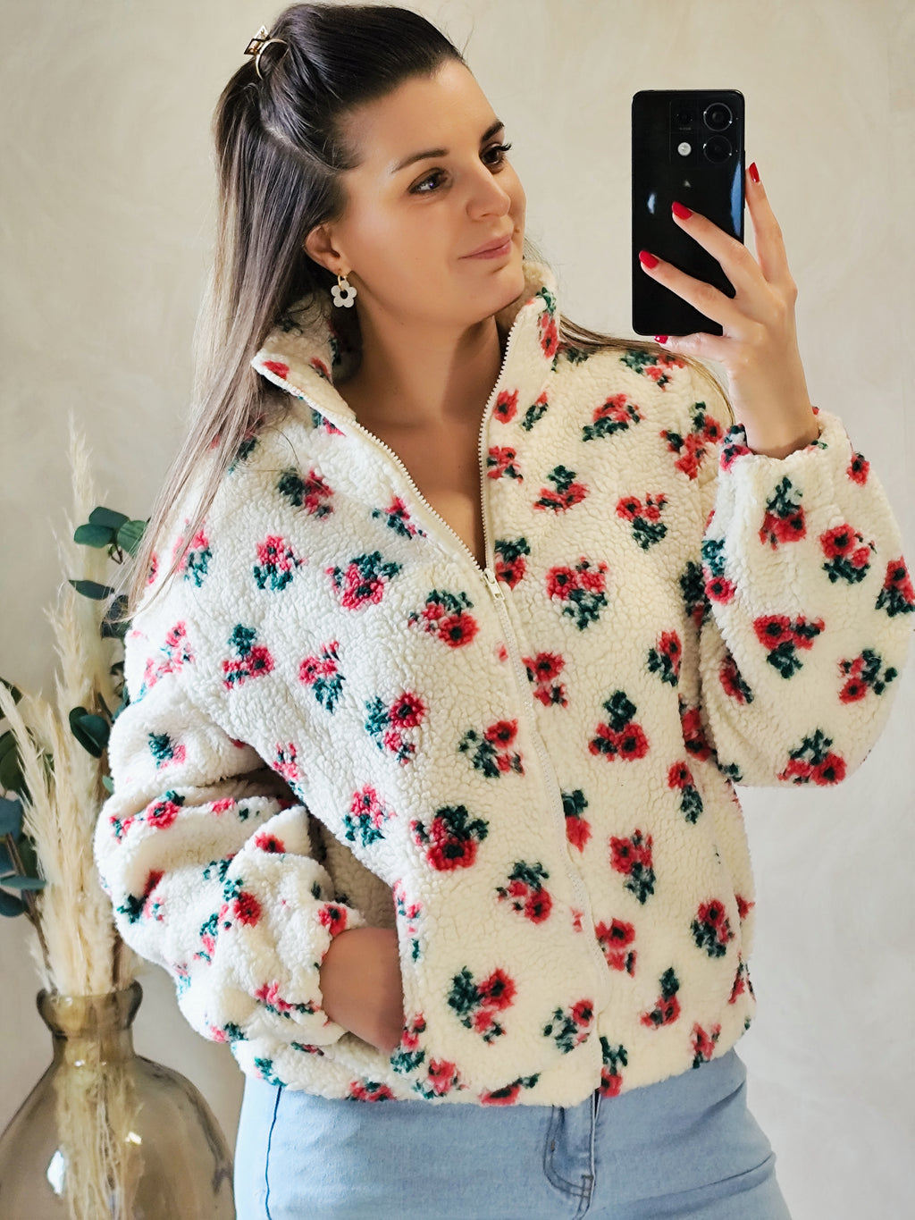 🌸 Veste polaire Olympe – Écru fleuri