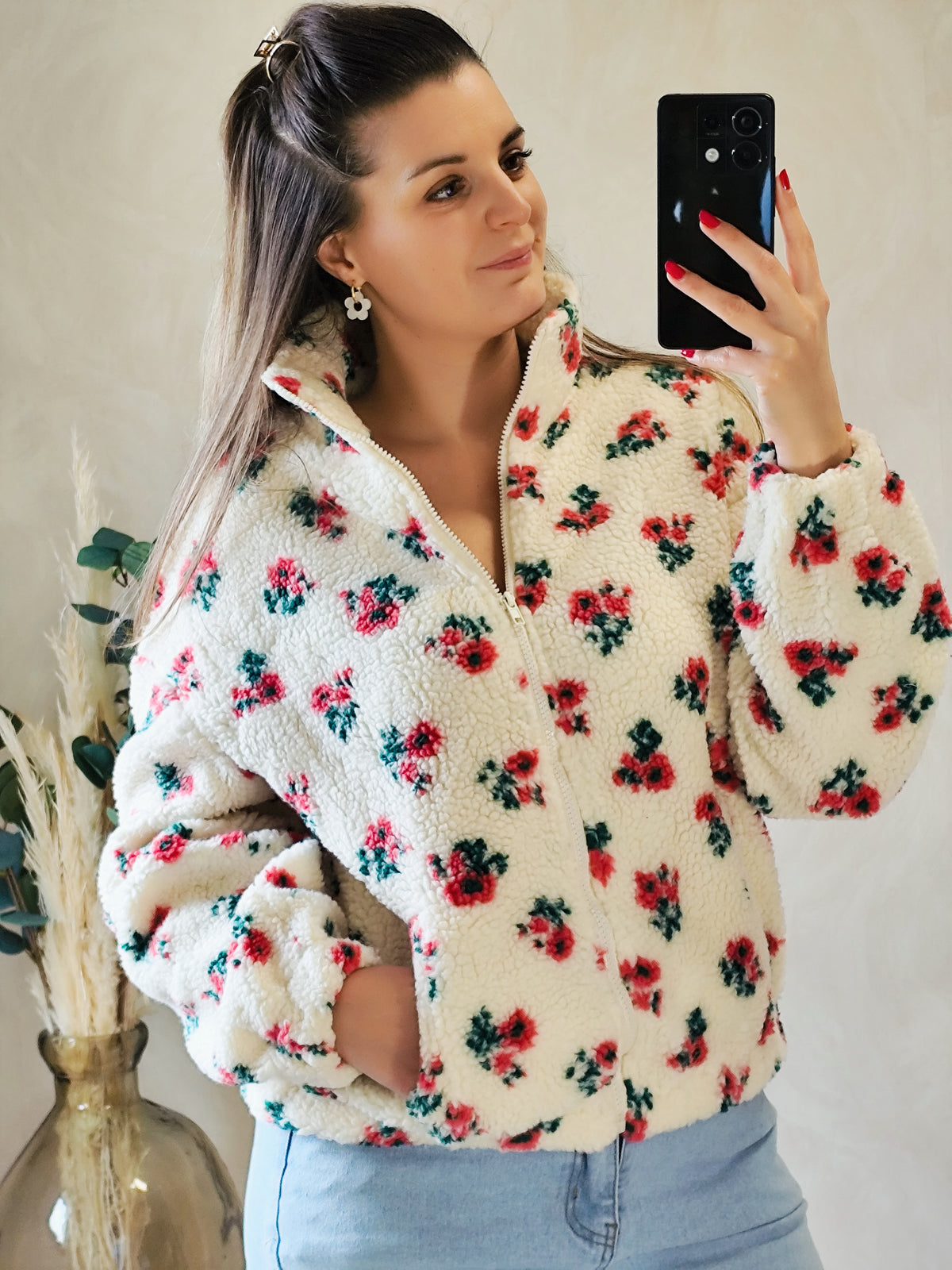 🌸 Veste polaire Olympe – Écru fleuri