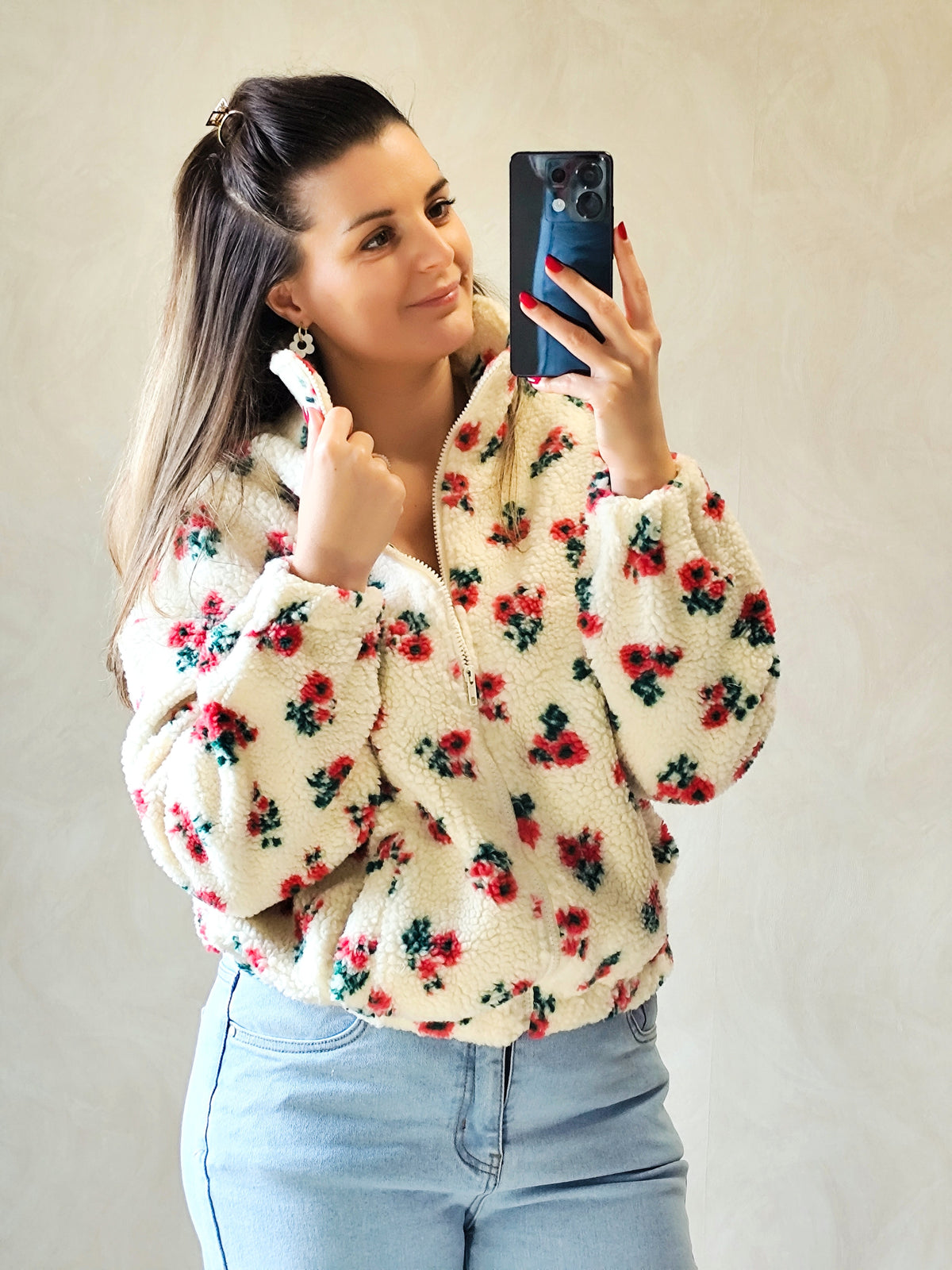 🌸 Veste polaire Olympe – Écru fleuri
