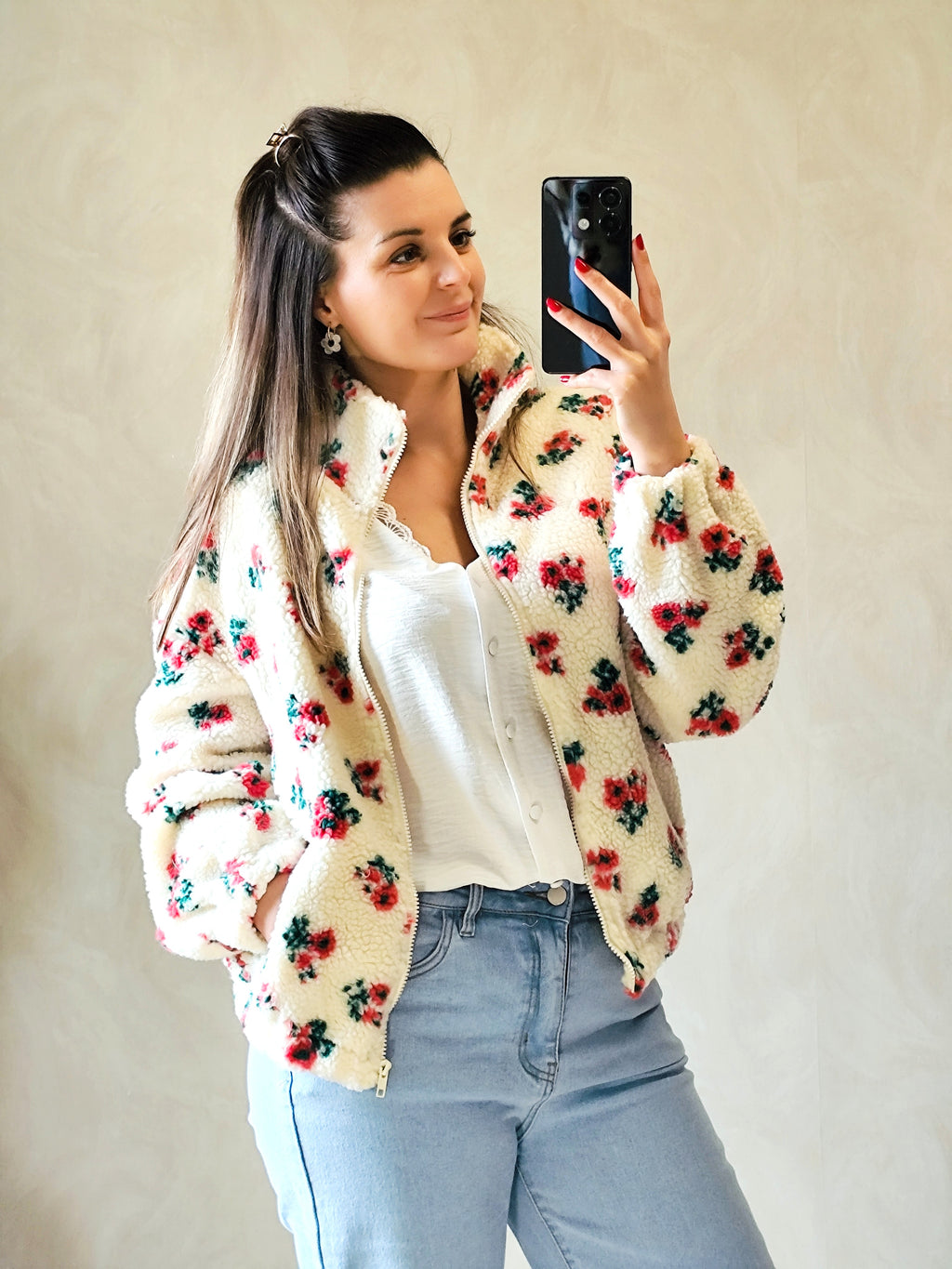 🌸 Veste polaire Olympe – Écru fleuri