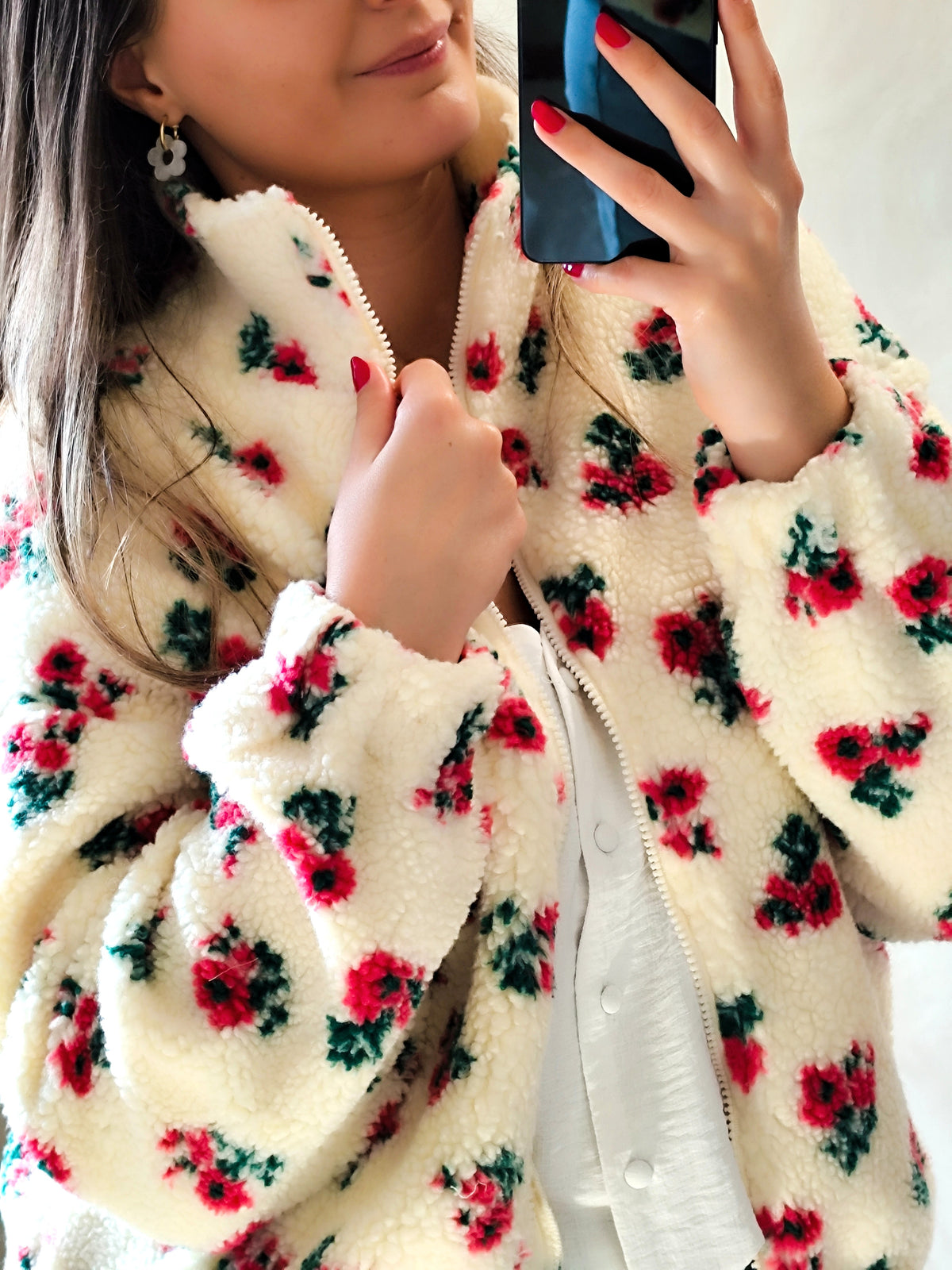 🌸 Veste polaire Olympe – Écru fleuri