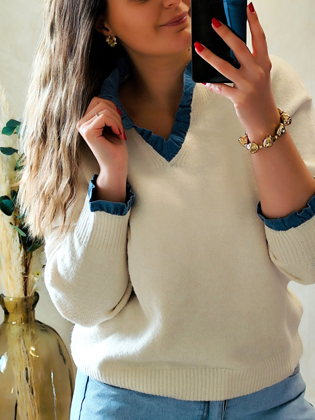 🤍 Pull Suzanne – Écru & détails denim