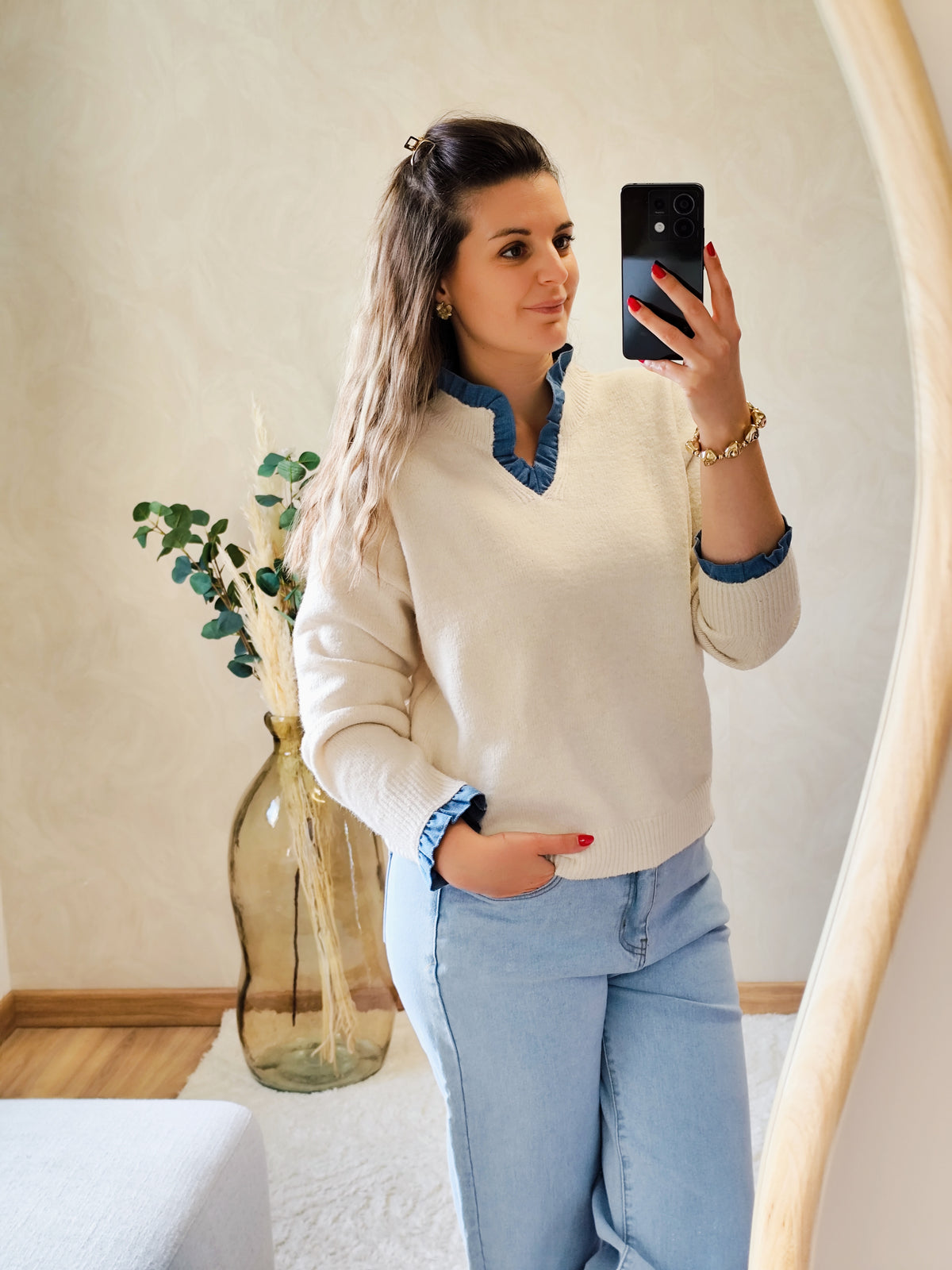 🤍 Pull Suzanne – Écru & détails denim