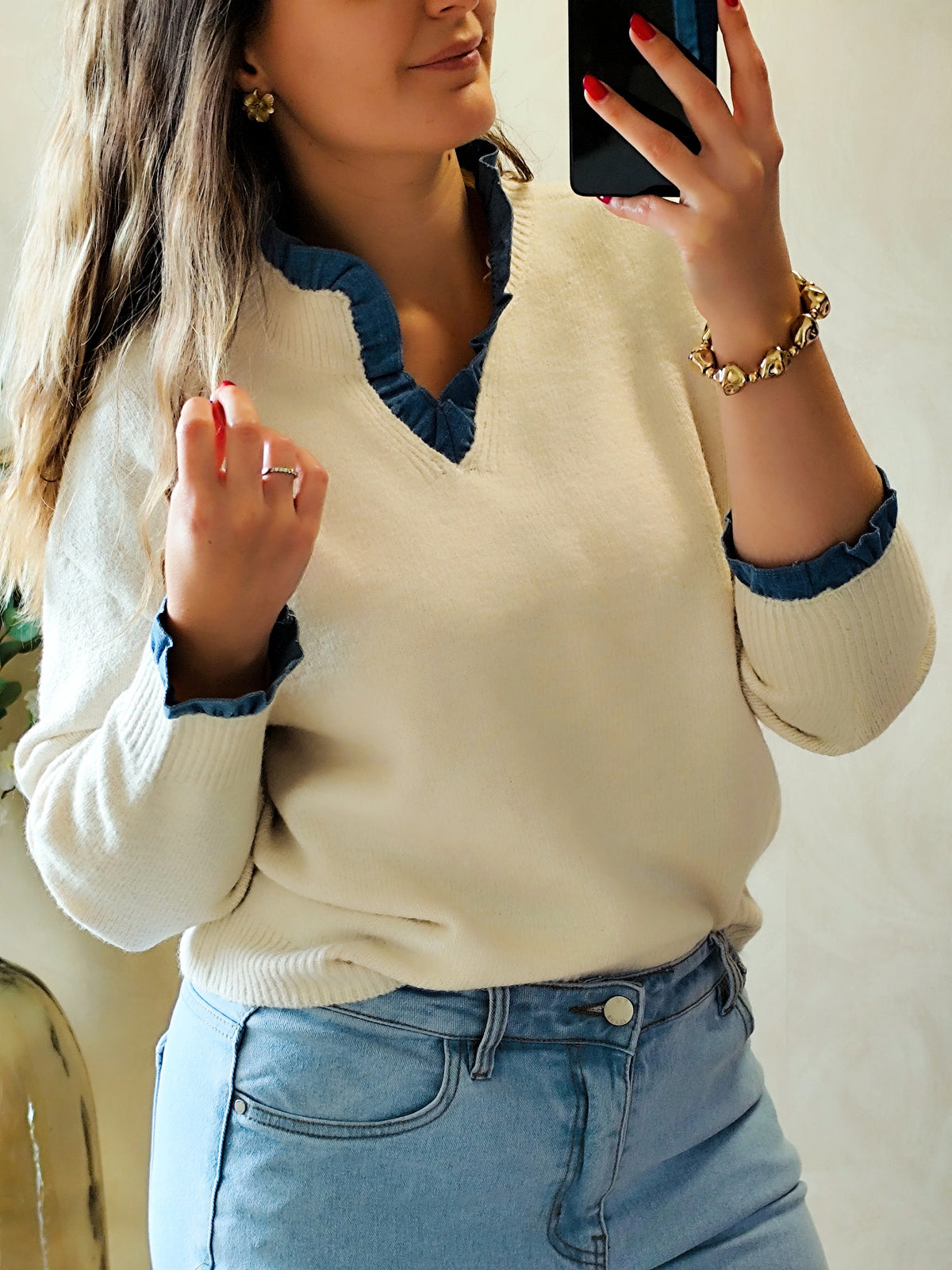 🤍 Pull Suzanne – Écru & détails denim